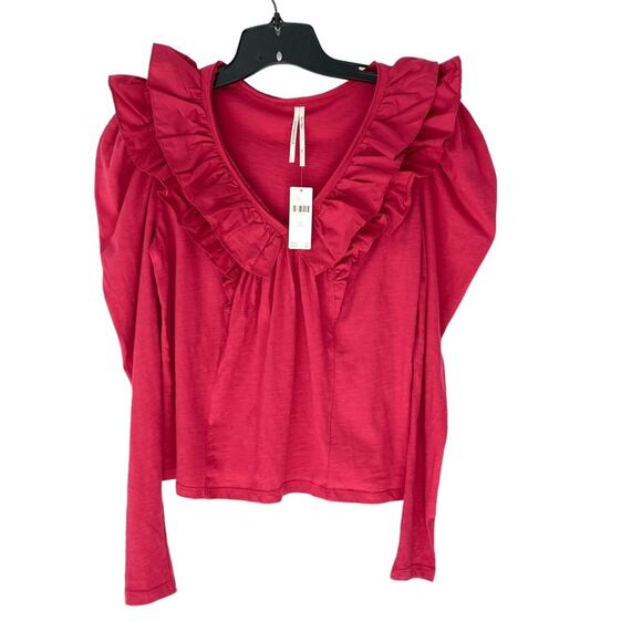 Anthropologie Ruffle Lace Collar V-Neck Pink Long Sleeve Top NWTs size XS - Picture 4 of 11